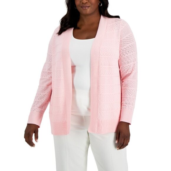 Karen Scott Plus Size 0X Baby Pink Pointelle Open-Front Cardigan NWT - Picture 1 of 6